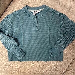 Athleta Blue Waffle Knit Button-Up Top